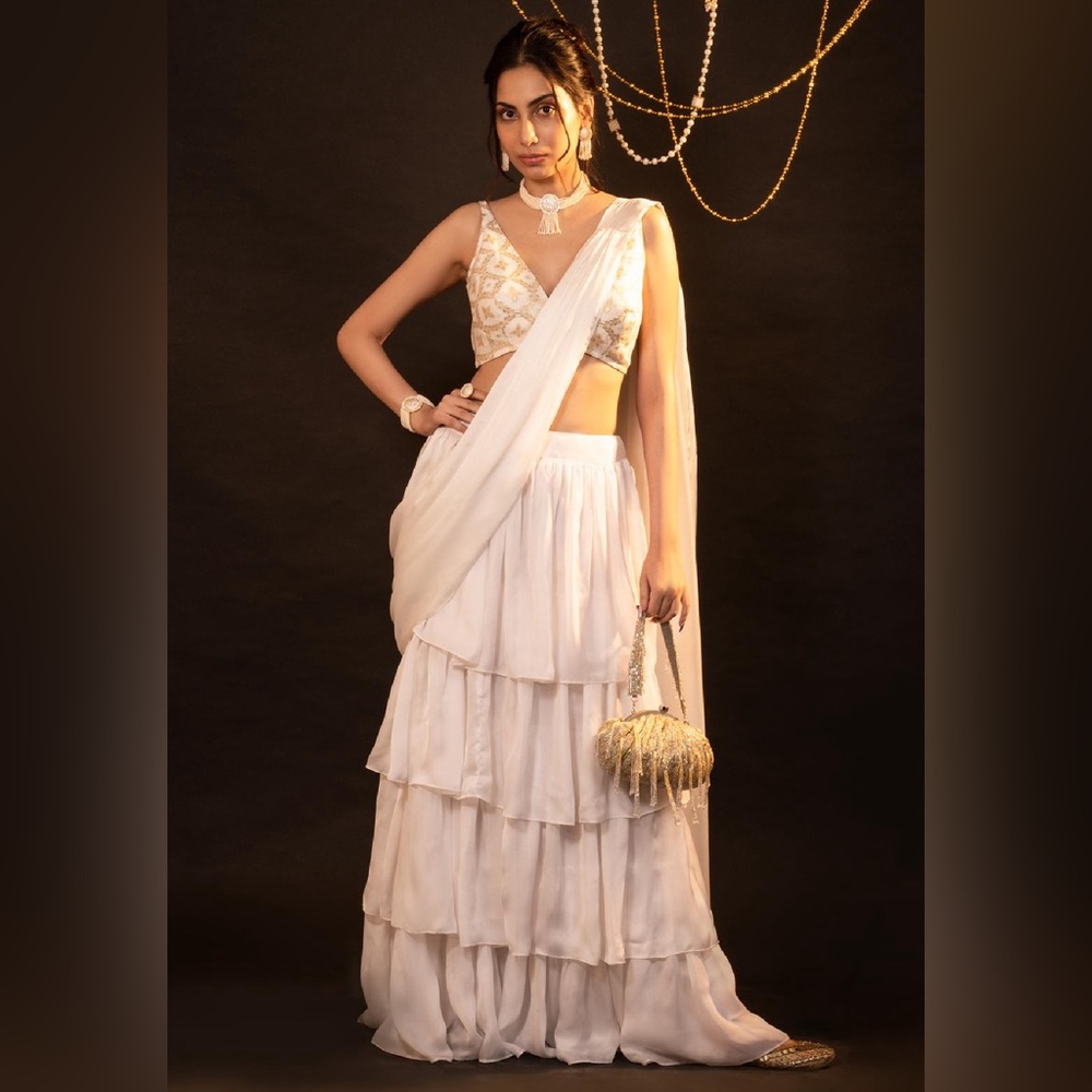 Gold silk ruffle pre drape saree pre stitched saree with blouse